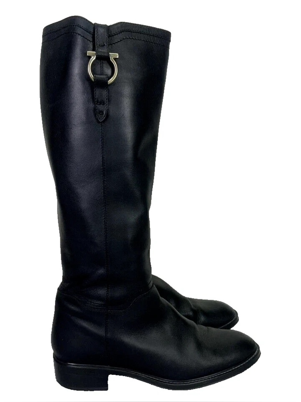 Salvatore Ferragamo Black Leather Over-the-Knee Riding Boots with Signature Bit